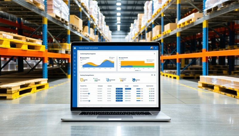 TurningPoint Systems ERP platform dashboard on a laptop in a warehouse setting